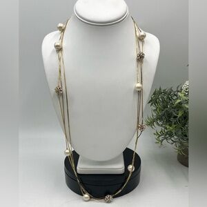 Kate Spade NY Gold Plated Triple Strand Faux Pearl Pave Beads Long‎ Necklace
